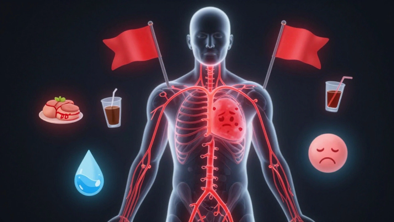Прозрачная фигура человека с символами, влияющими на кровь: кофе, жирная еда, стресс и вода.