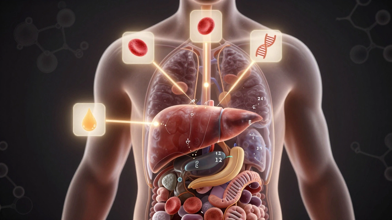 Прозрачное тело человека с визуализированными лабораторными тестами, связанными с органами.