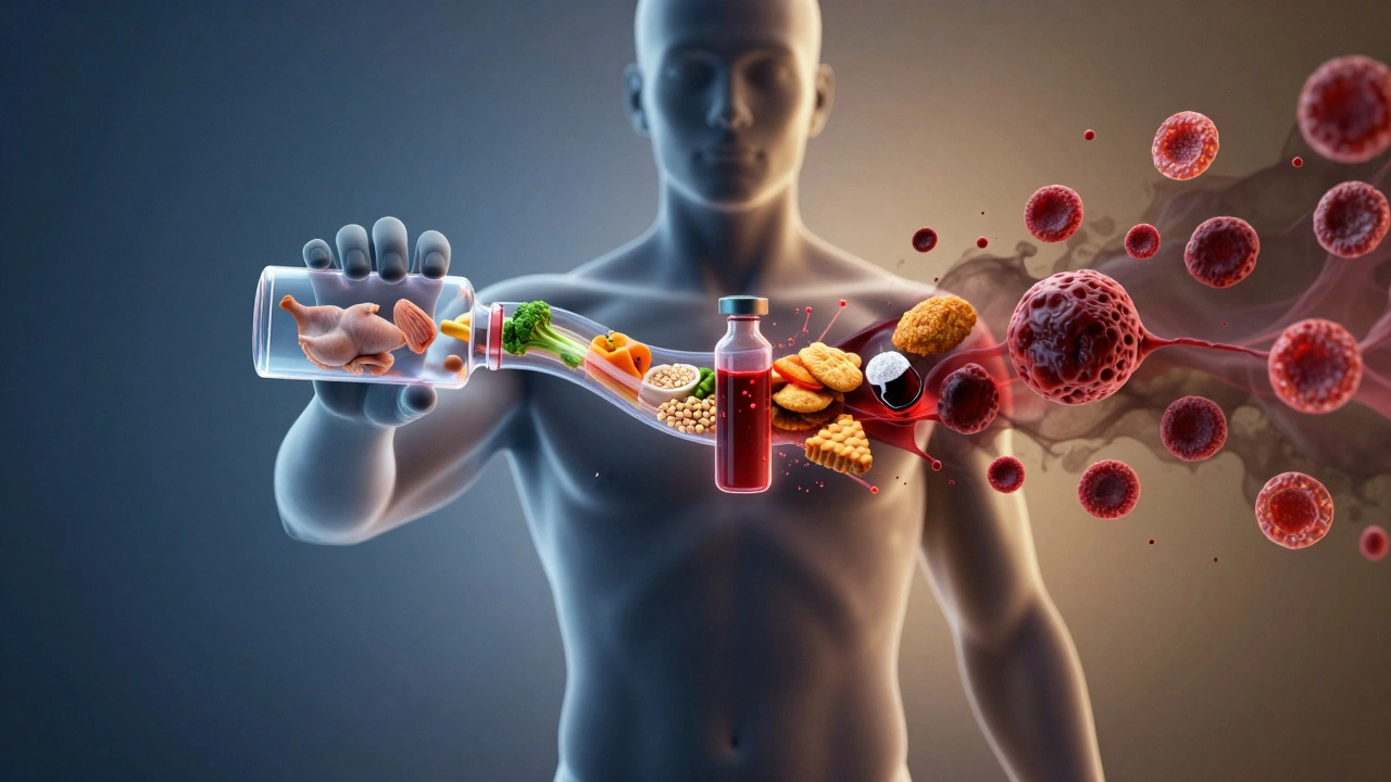 Прозрачный силуэт с кровью: с одной стороны — полезные продукты, с другой — искажающие жир и сахар.