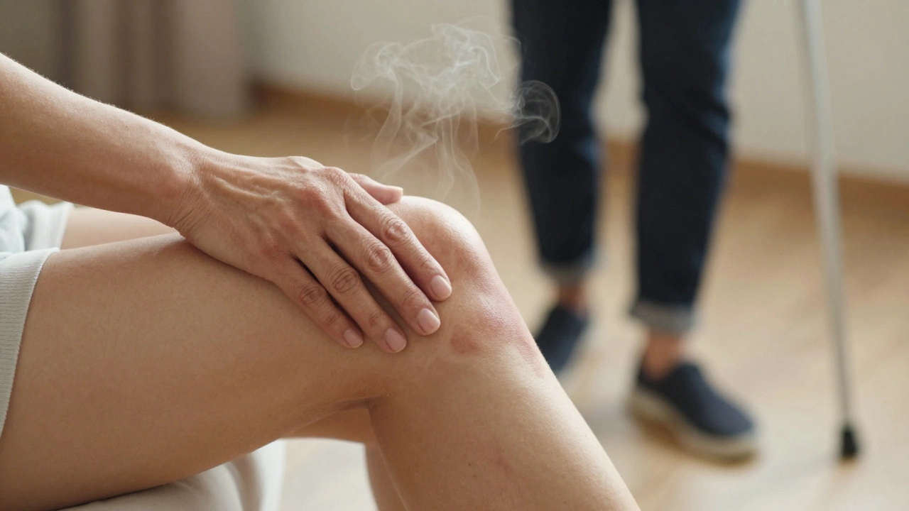 Рука осторожно касается тускнеющего синяка на бедре, на фоне теплого компресса и медленного восстановления.