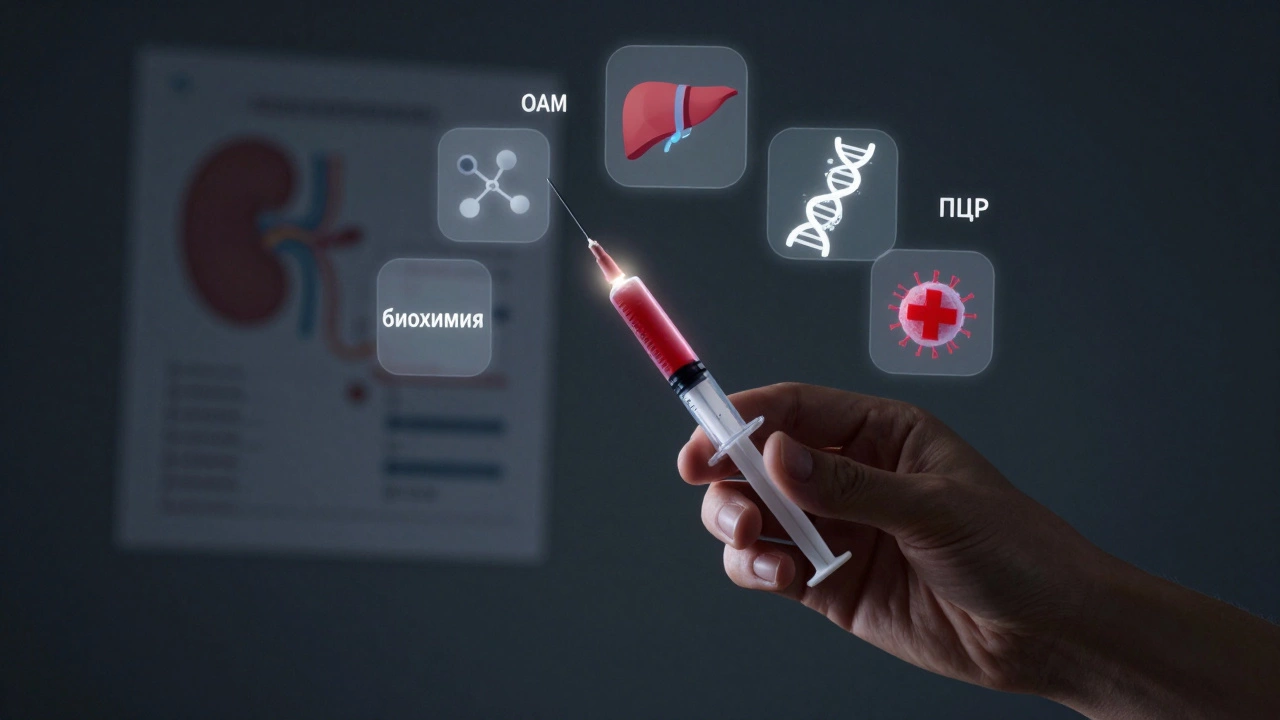 Рука с пробиркой крови, вокруг — иконки анализов: почка, печень, гормон, ДНК, опухолевая клетка.