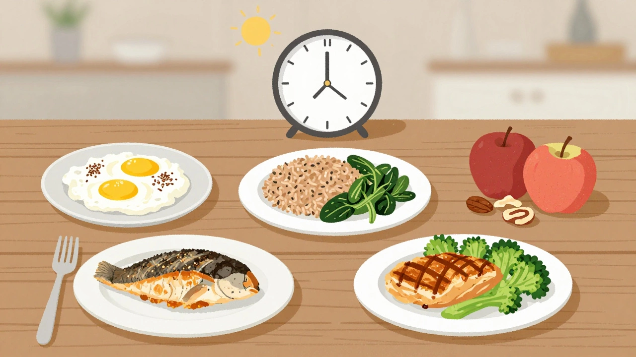 Сбалансированный рацион дня: завтрак, обед, перекус и ужин на деревянном столе.