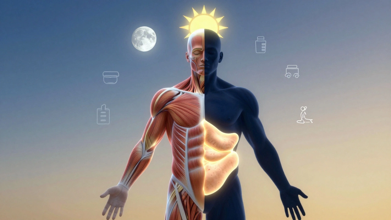 Схема циркадных ритмов: мышцы светятся днем, жир уменьшается ночью.