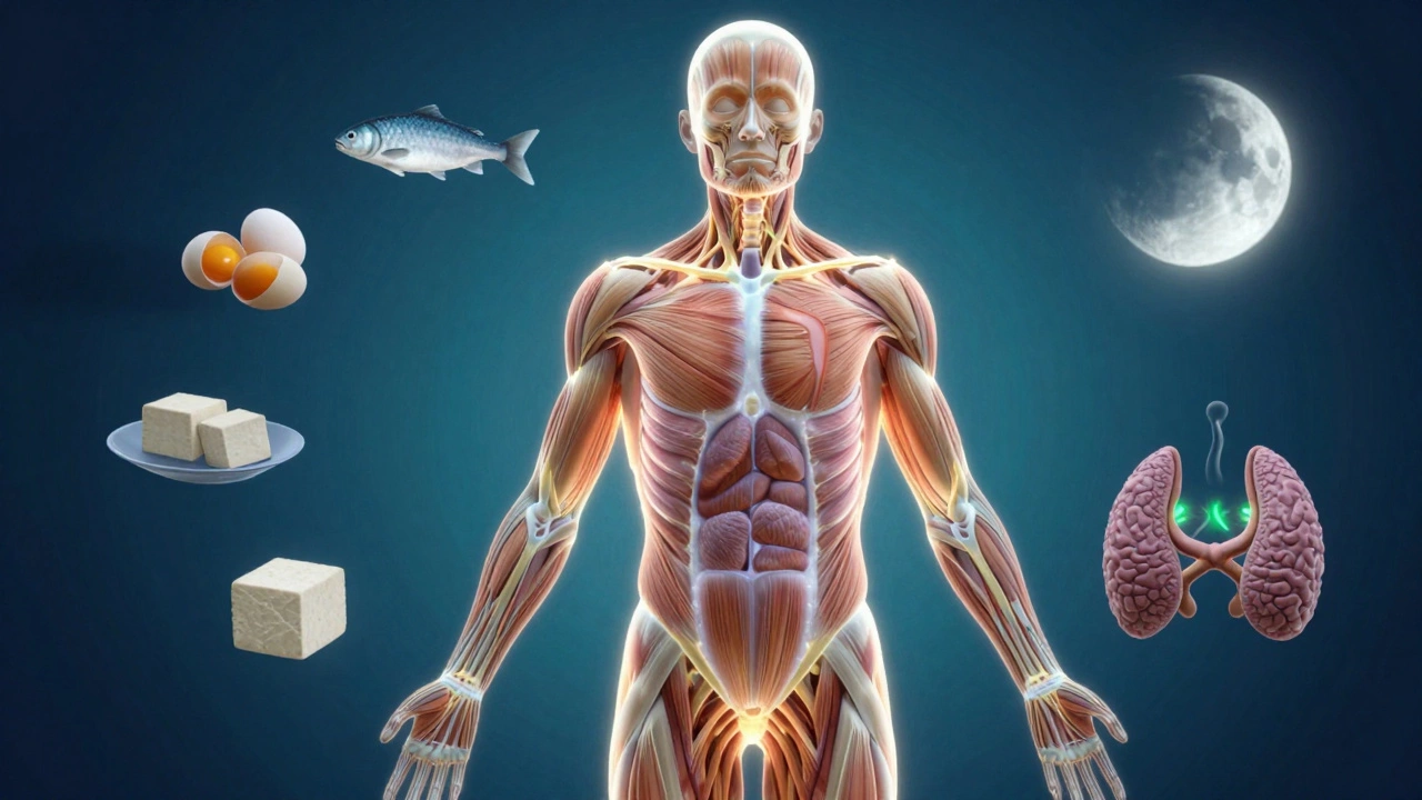 Схематичное изображение тела с активными мышцами и гормональными сигналами.