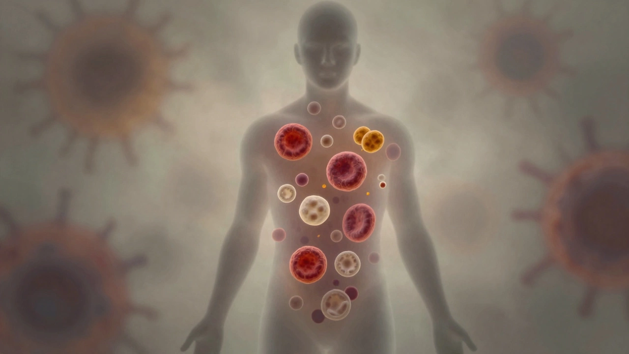 Силуэт человека с аномальными клетками крови, исходящими из костного мозга