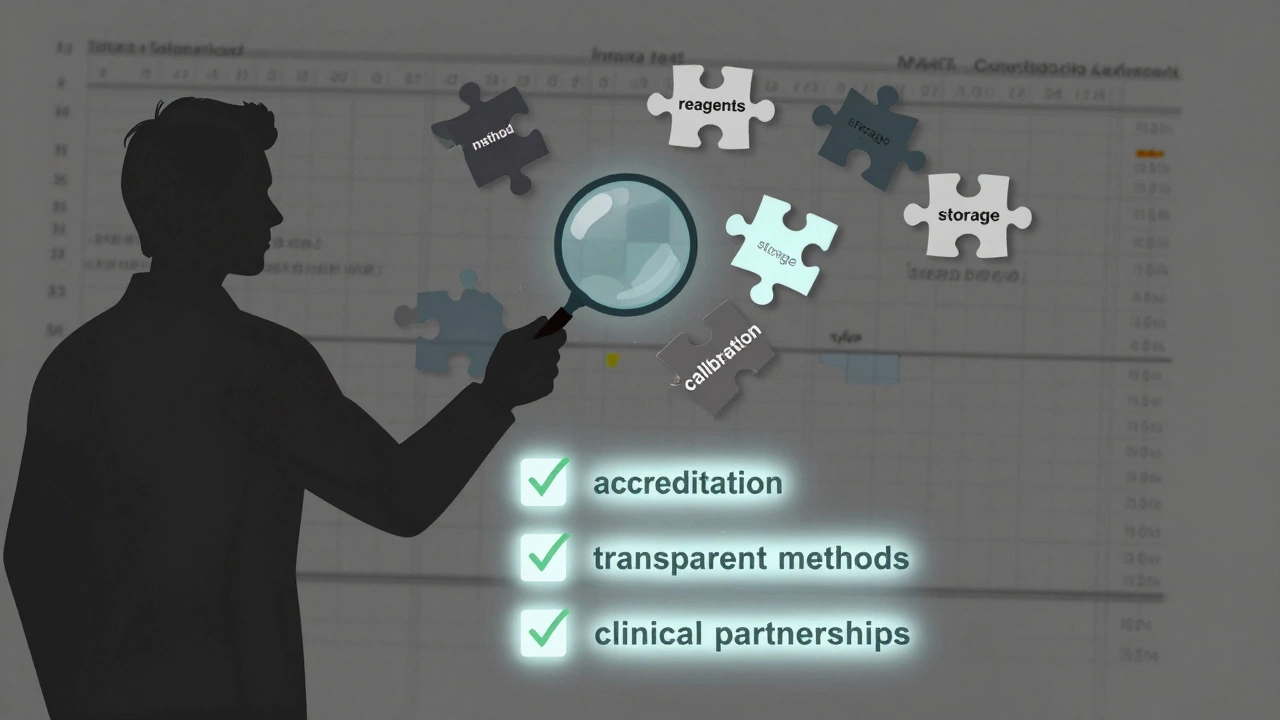 Силуэт человека с лупой над разобранными элементами лабораторного анализа, символизирующими точность и доверие.