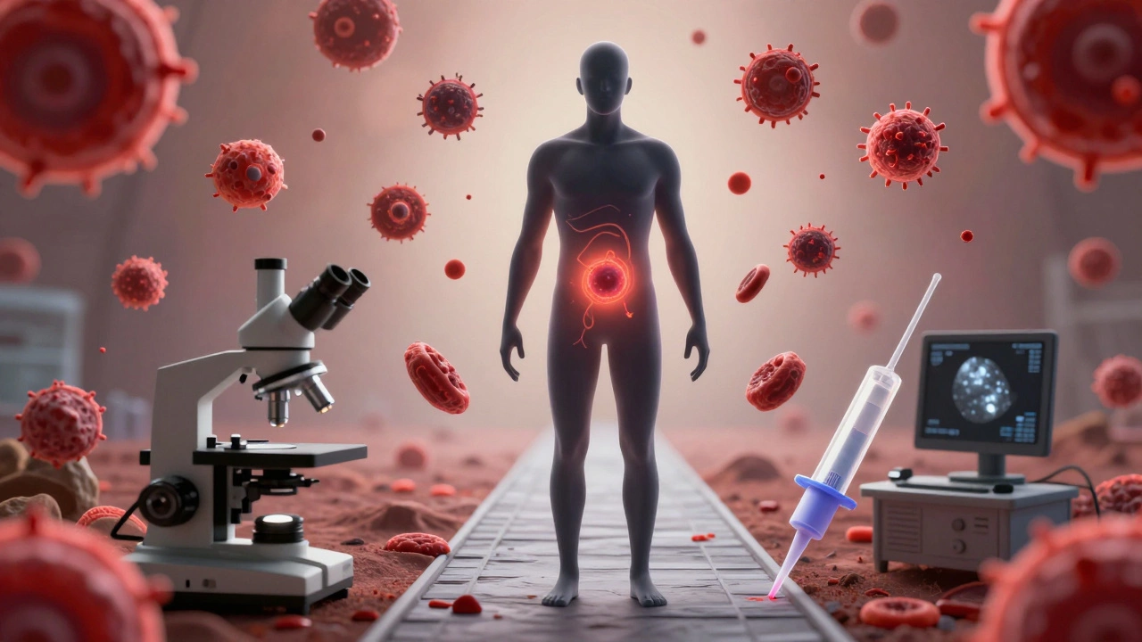 Силуэт человека с скрытой опухолью и путём к биопсии и микроскопу.