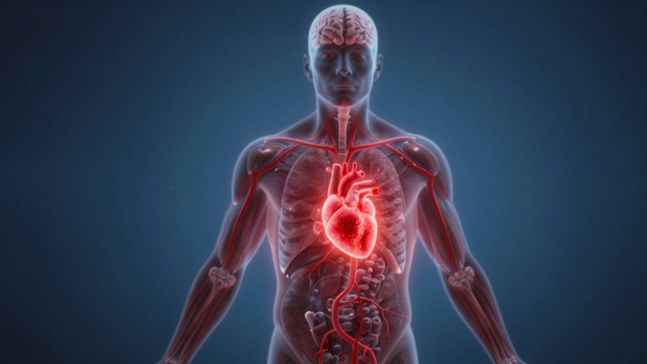 Силуэт человека с тускнеющими кровеносными путями и ярким гемоглобином в центре