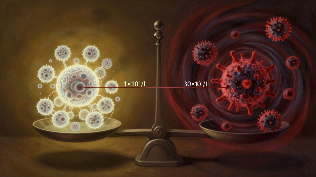 Символическая весы, показывающие баланс между иммунной защитой и угрозой при критических уровнях лейкоцитов.