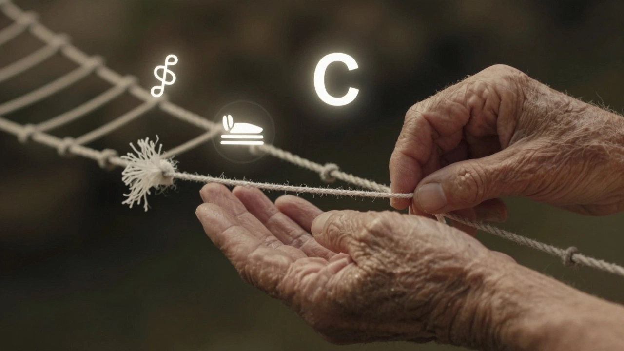 Стареющая рука ремонтирует хрупкий мост из коллагеновых волокон, символизируя медленное и тщательное восстановление.