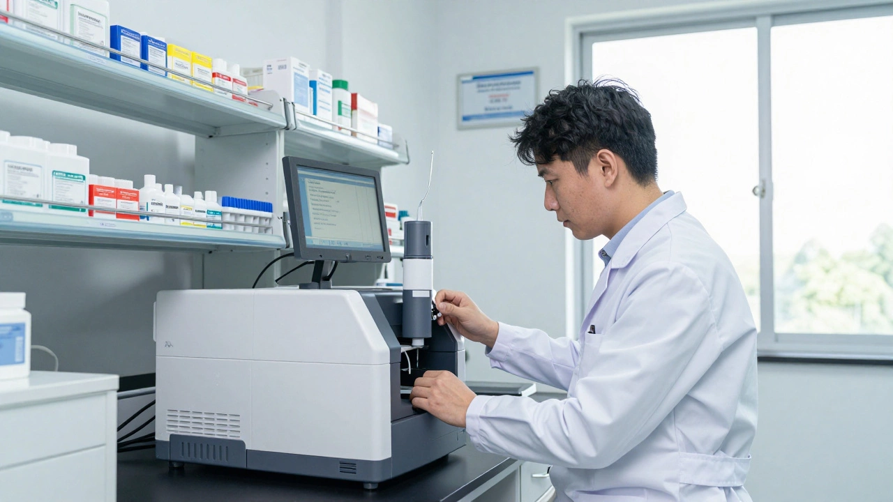 Техник калибрирует анализатор в лаборатории, на стене видна аккредитация Росаккредитации.