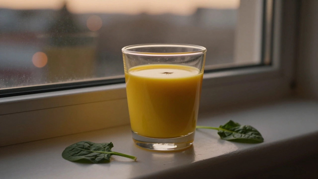 Теплое молоко с куркумой на подоконнике при закате