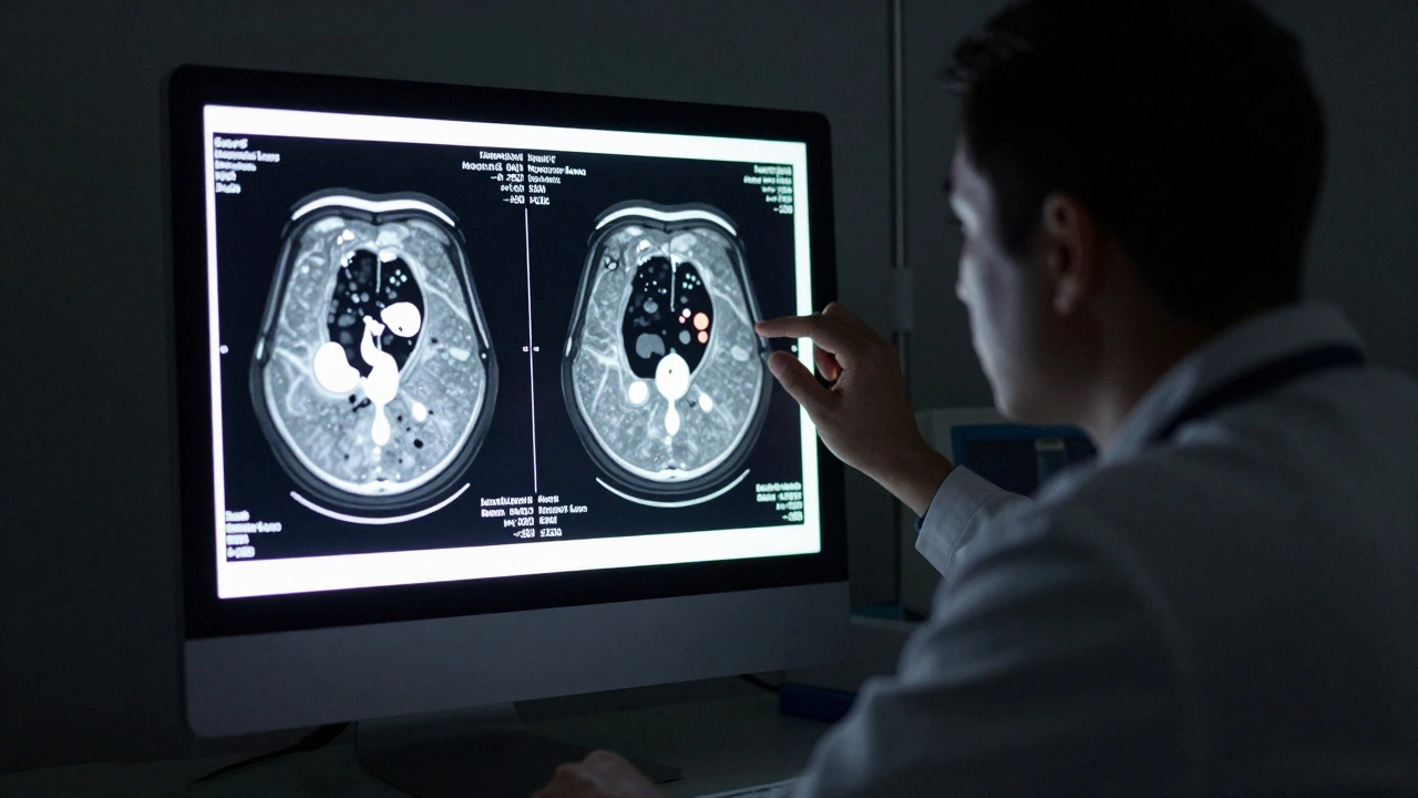 Врач анализирует КТ-снимок с двумя разными плотностями: киста и подозрительное образование.