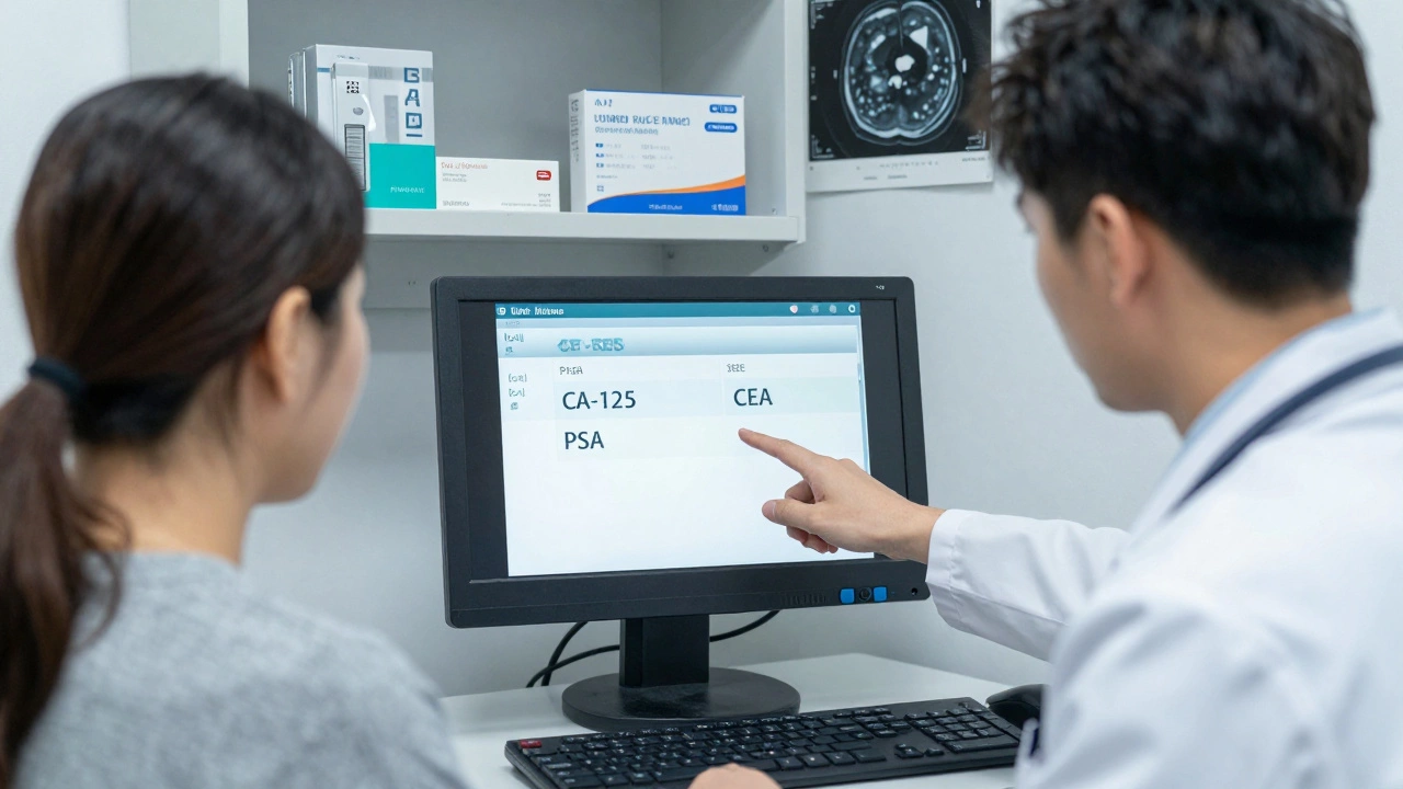 Врач объясняет пациенту результаты анализов крови с повышенными онкомаркерами.