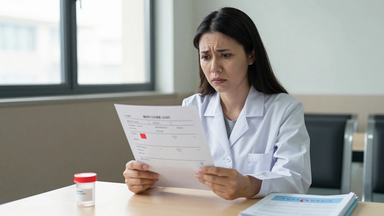 Женщина смотрит на результаты анализов крови в клинике, тревожно размышляя о воспалении.
