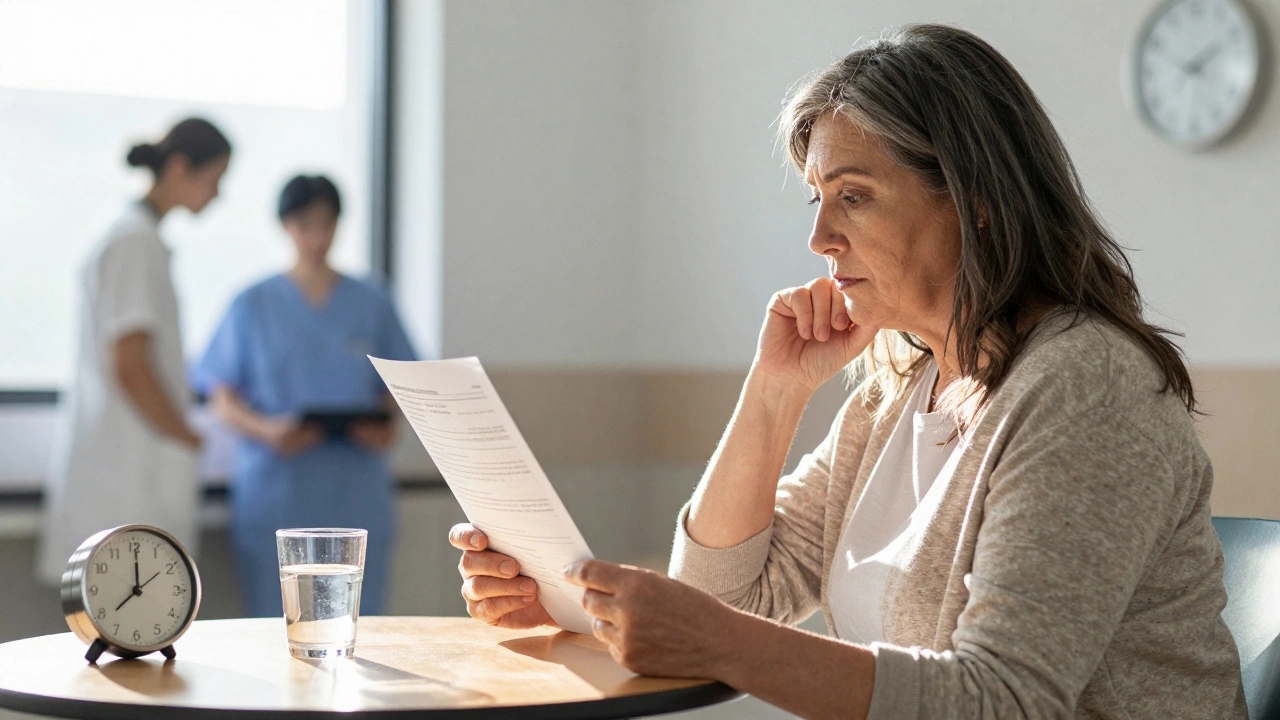 Женщина смотрит на результаты анализов в клинике утром, свет падает на бумагу.