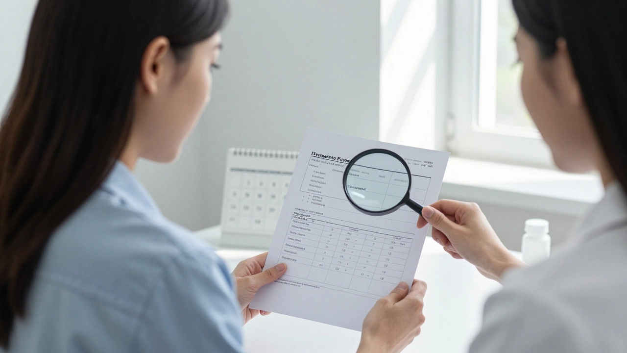 Женщина в клинике с анализом крови, на котором видны значения гемоглобина и ферритина