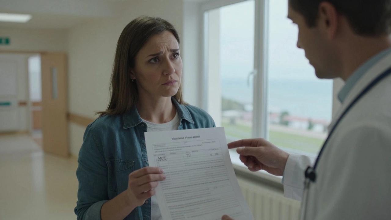 Женщина в клинике смотрит на результаты анализа крови с врачом в Владивостоке.