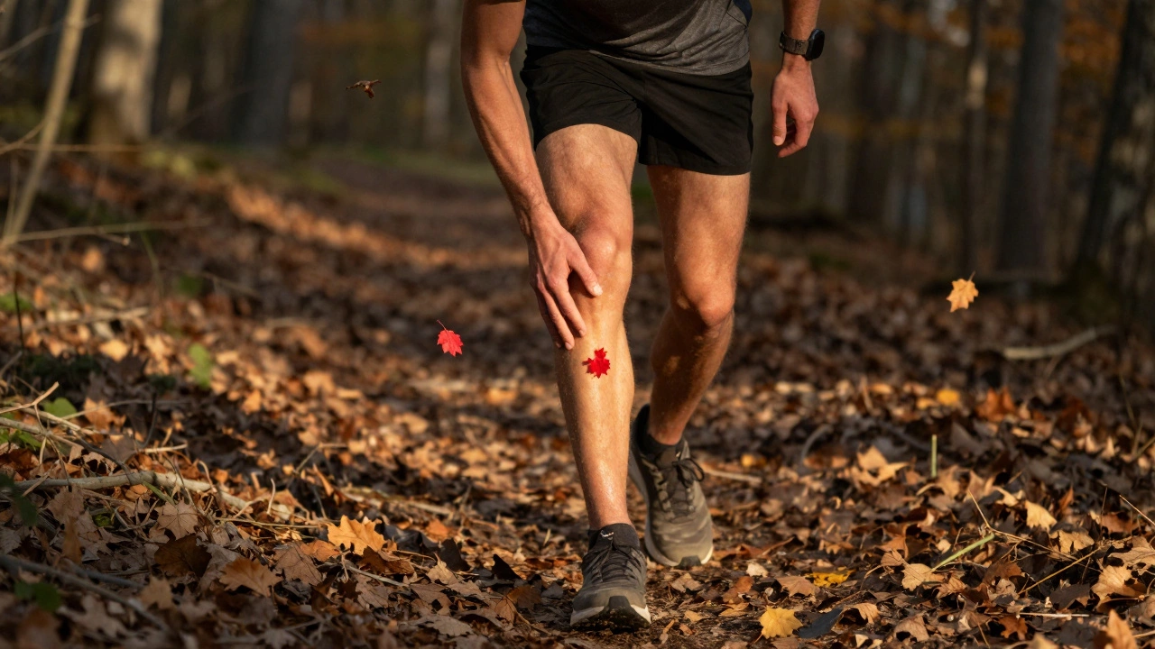 Бегун осторожно делает первые шаги после травмы на лесной тропе в золотой час.