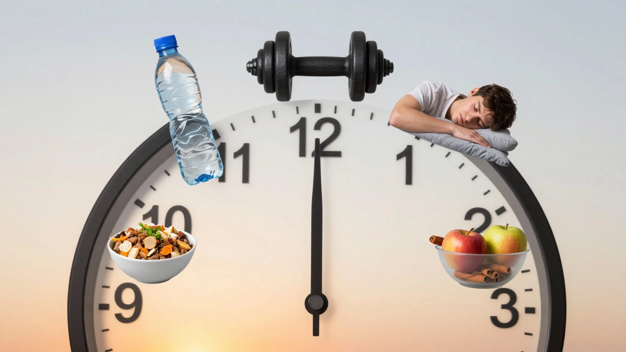 Часы с пятью символами восстановления метаболизма: вода, гантель, сон, белок, яблоко.