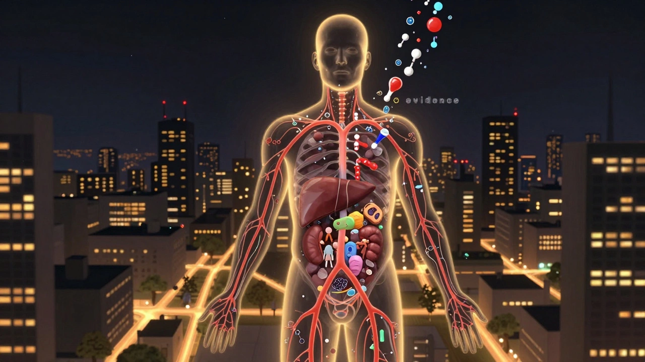 Человеческое тело как город с glowing биомаркерами, поднимающимися от органов.