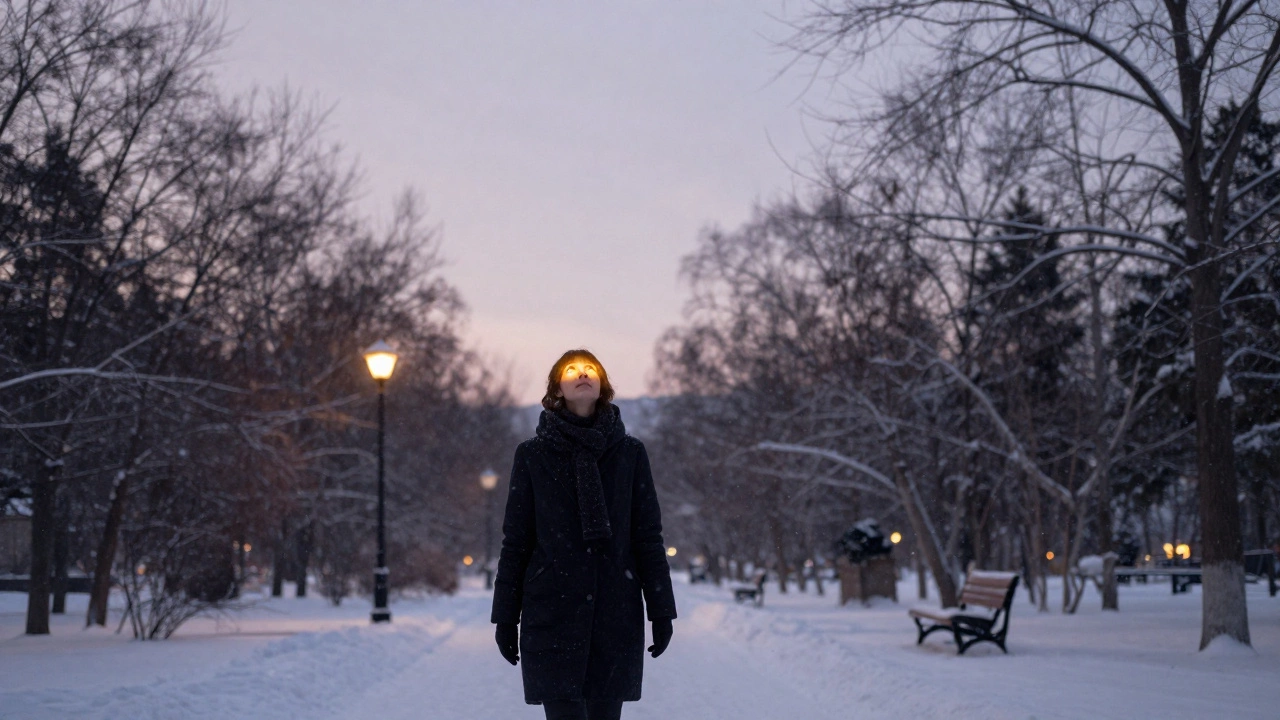 Человек гуляет зимним вечером во Владивостоке, солнечный свет стимулирует здоровье глаз.