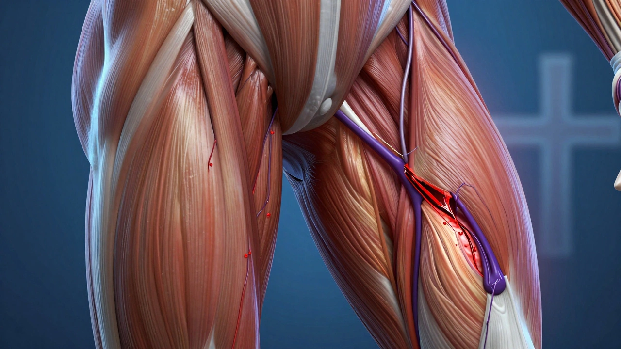 Детализированное анатомическое изображение поврежденной мышцы: разорванные волокна, кровоизлияние и отек, контраст здоровой и травмированной ткани.