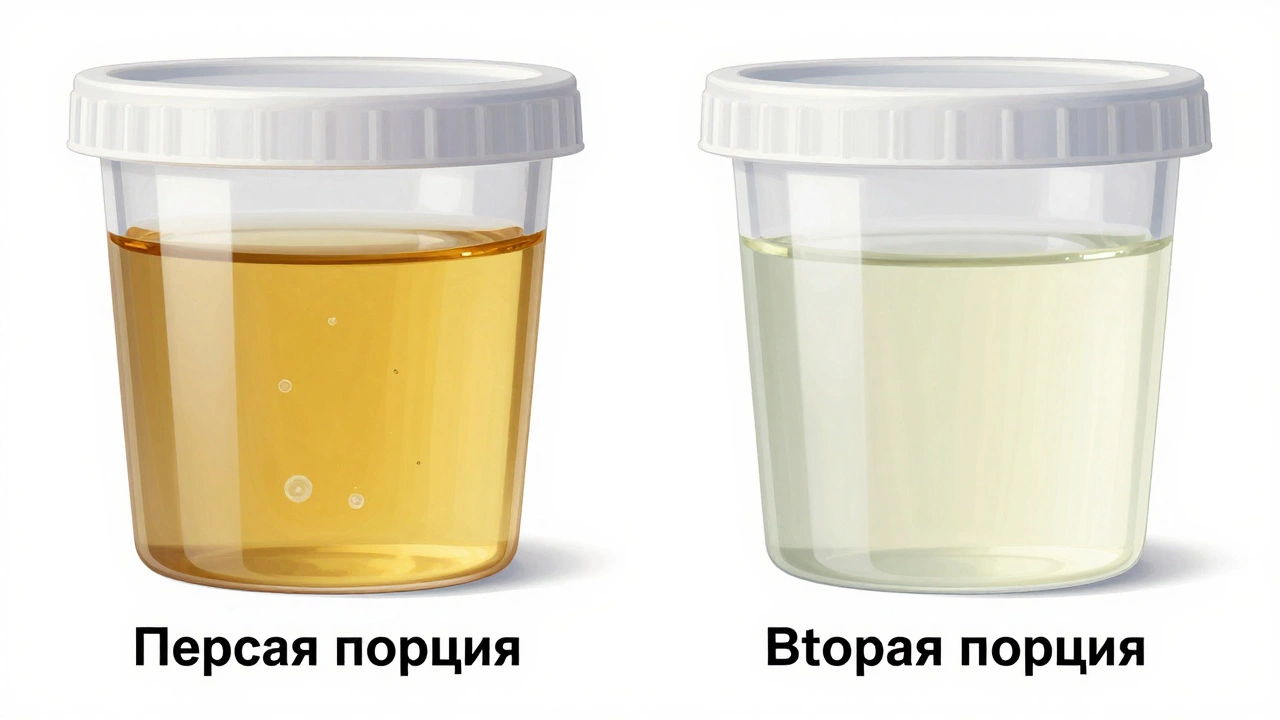 Две порции мочи: первая концентрированная, вторая разбавленная, с микроскопическими деталями.