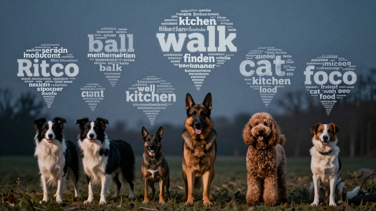 Группа собак с облачками слов над головами, символизирующих их словарный запас от 50 до 300 слов.