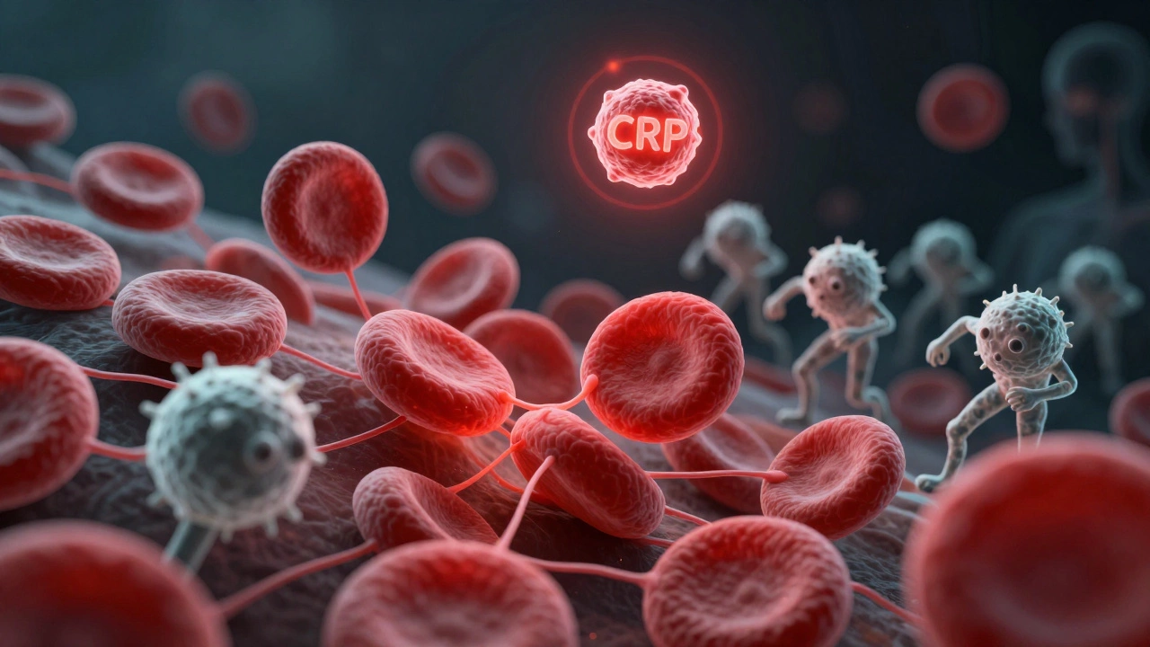 Концептуальное изображение крови: эритроциты слипаются, лейкоциты движутся к очагу воспаления, СРБ светится красным.