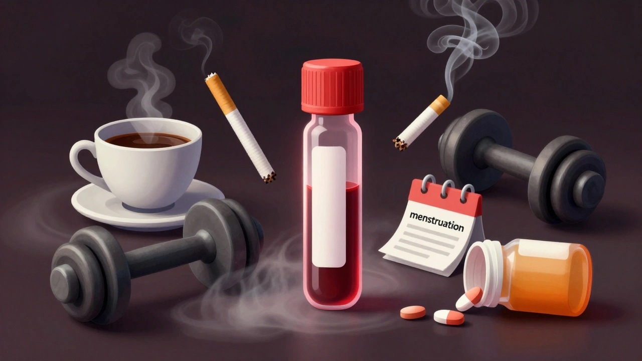Кровяная пробирка окружена символами, искажающими результаты анализов: кофе, сигарета, гантель и таблетки.