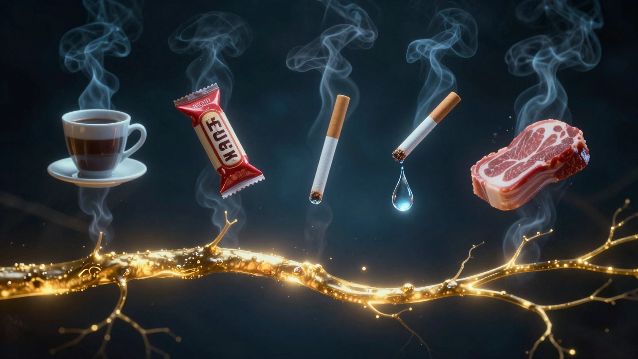 Кровеносный сосуд с чистой кровью, вокруг — исчезающие символы запрещённых продуктов, капля воды восстанавливает чистоту анализа.