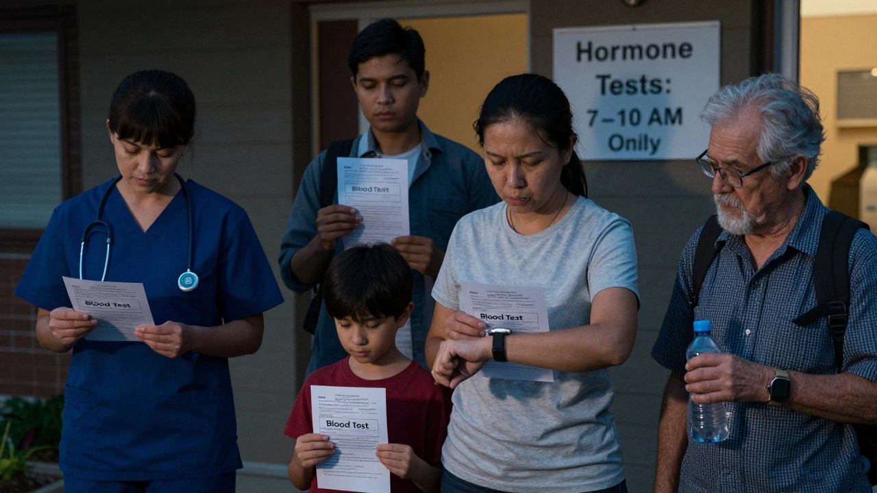 Люди разных возрастов стоят у клиники вечером, держа направления на анализ крови, надпись 'Только 7–10 утра'.