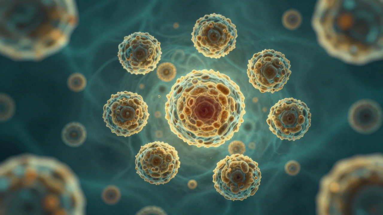 Микроскопический вид гранулем при саркоидозе: плотные скопления клеток без центра некроза.