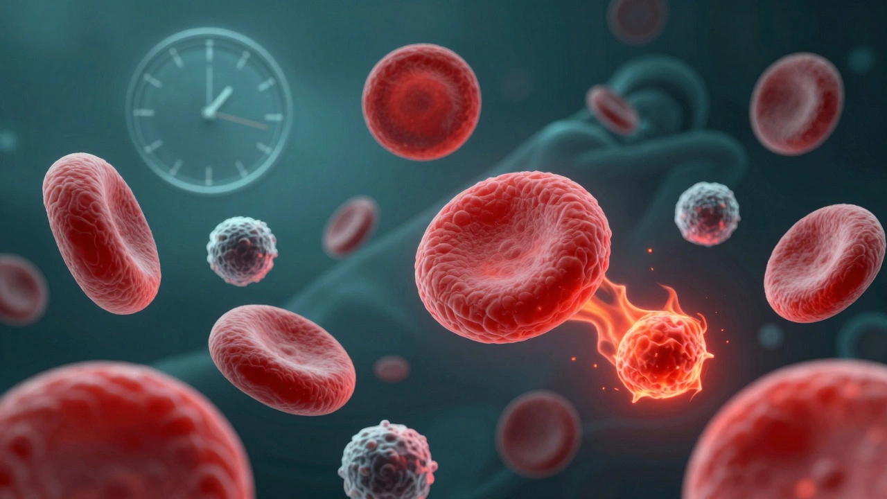 Микроскопическое изображение крови с повышенными лейкоцитами и гормонами стресса.