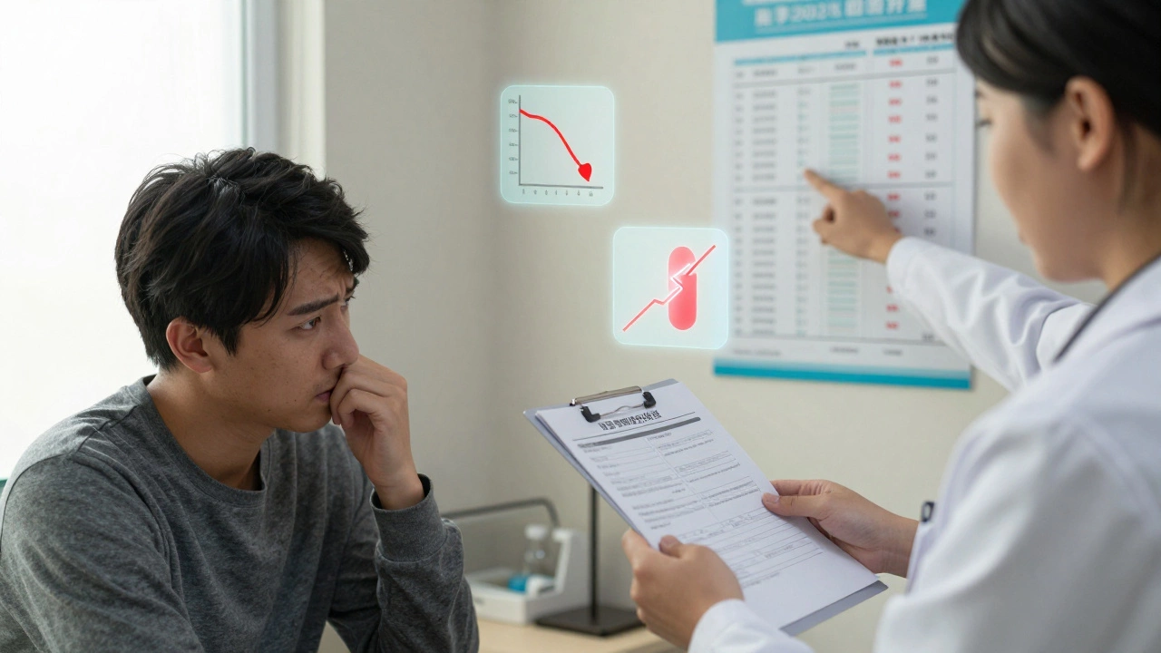 Пациент с лабораторным анализом, над которым парят символы отклонений: гемоглобин, тромбоциты, лейкоциты, врач указывает на диаграмму.