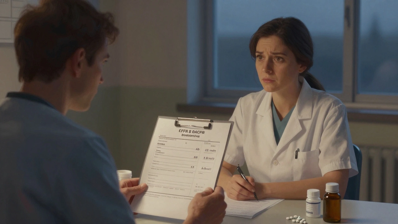 Пациент с лабораторными результатами в клинике при сумерках