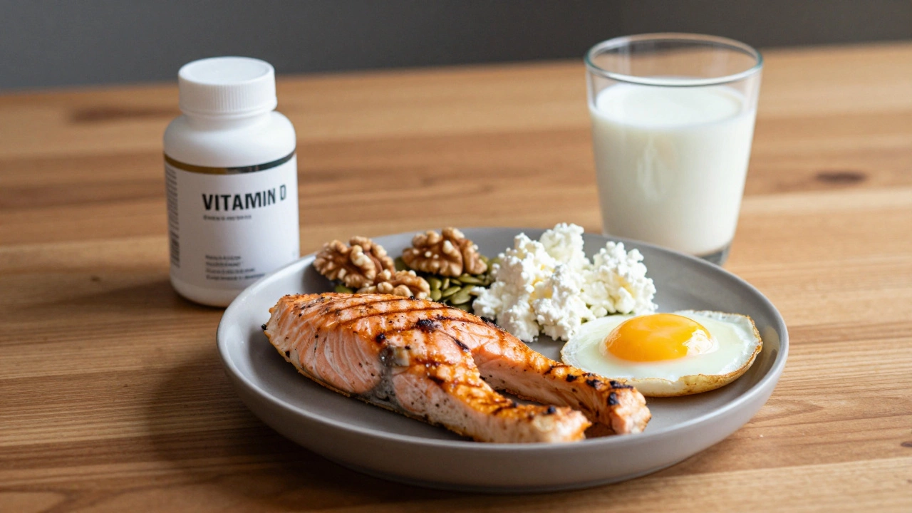 Пища, богатая белком и омега-3, на столе вместе с добавками — визуальное представление питания для восстановления после травмы.