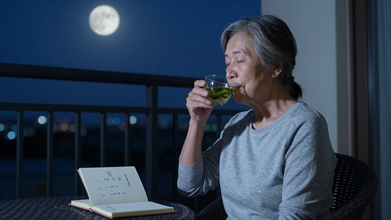 Пожилой человек сидит на балконе ночью, пьёт зелёный чай и дышит по методу 4-7-8 под лунным светом.