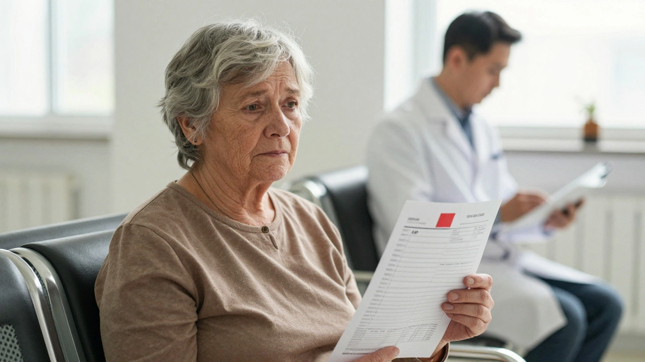 Пожилой пациент смотрит на результаты анализов с повышенными показателями СОЭ и СРБ в клинической обстановке.