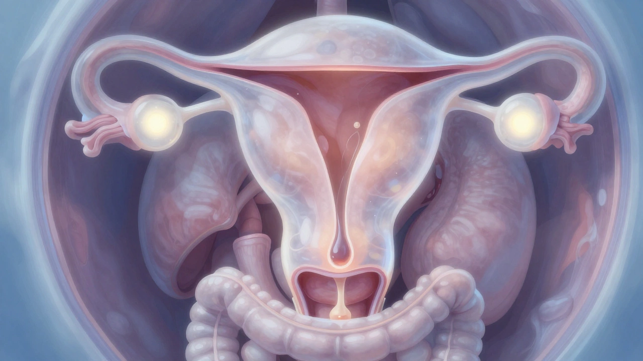 Прозрачное изображение кисты на яичнике, давящей на мочевой пузырь и кишечник.