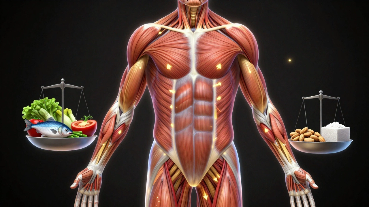 Прозрачное изображение тела с активными метаболическими путями и питательными элементами, балансирующими на весах.