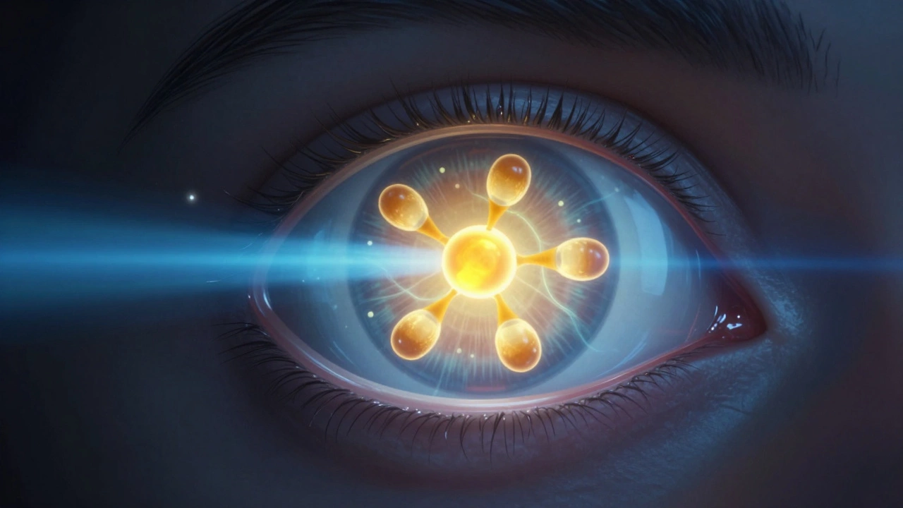 Прозрачное сечение глаза с защитным слоем лютеина и зеаксантина от синего света экрана.