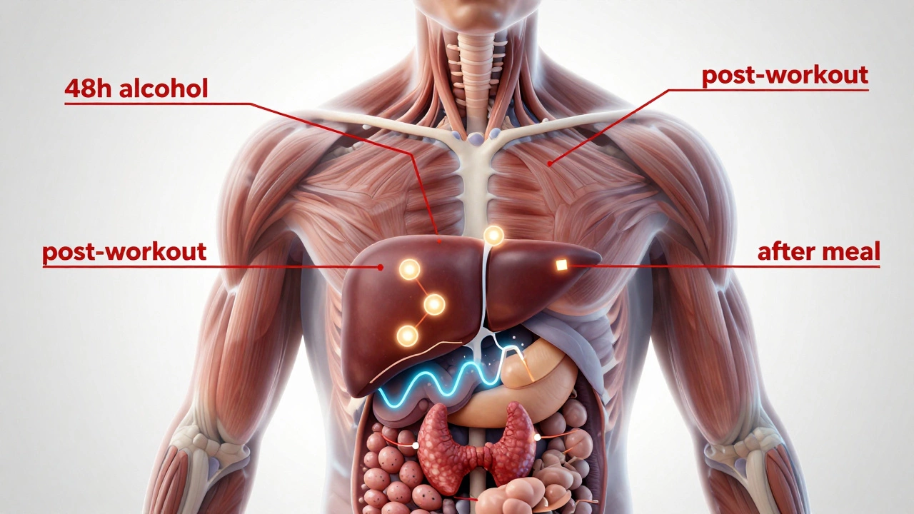 Прозрачное тело с маркерами, показывающими, как алкоголь, тренировка и еда искажают анализы.