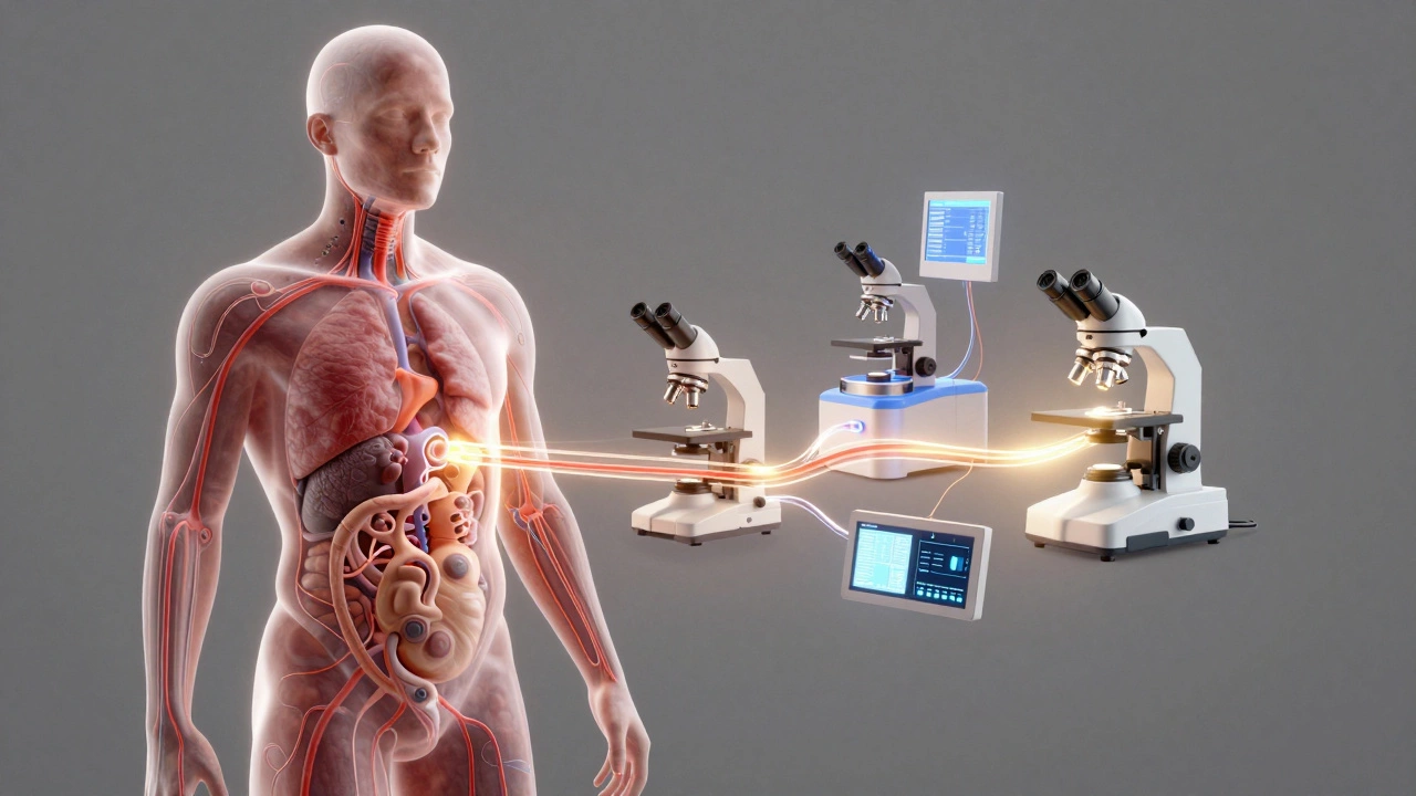 Прозрачное тело с потоками биоматериалов, ведущими к лабораторным приборам