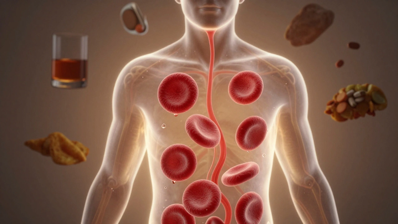 Прозрачный силуэт человека с водой, разжижающей густую кровь внутри тела.