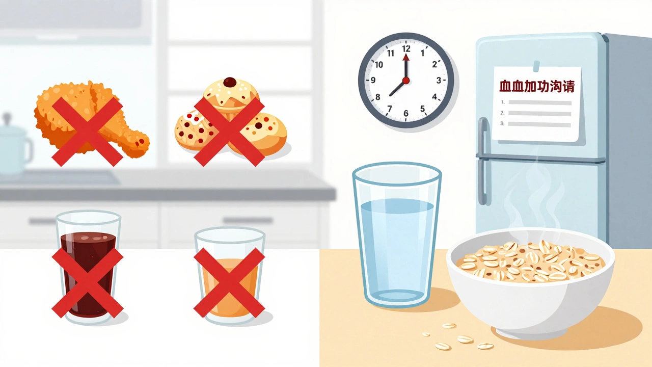 Разделённая сцена: слева — запрещённые продукты, справа — только вода и овсянка, на фоне напоминания о сдаче крови.
