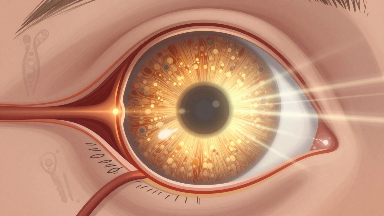 Разрез глаза с фоторецепторами и преломлением света, символизирующий нормальное зрение.