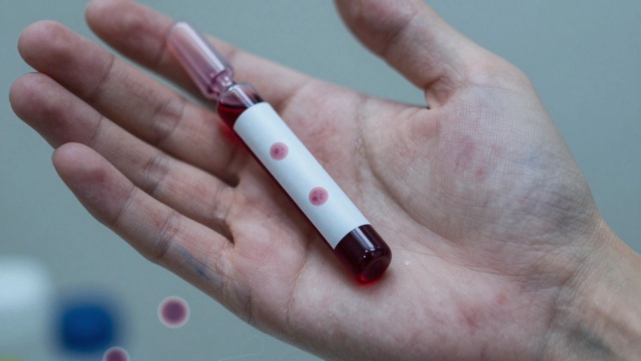 Рука с петехиями и образцом крови при подозрении на лейкоз