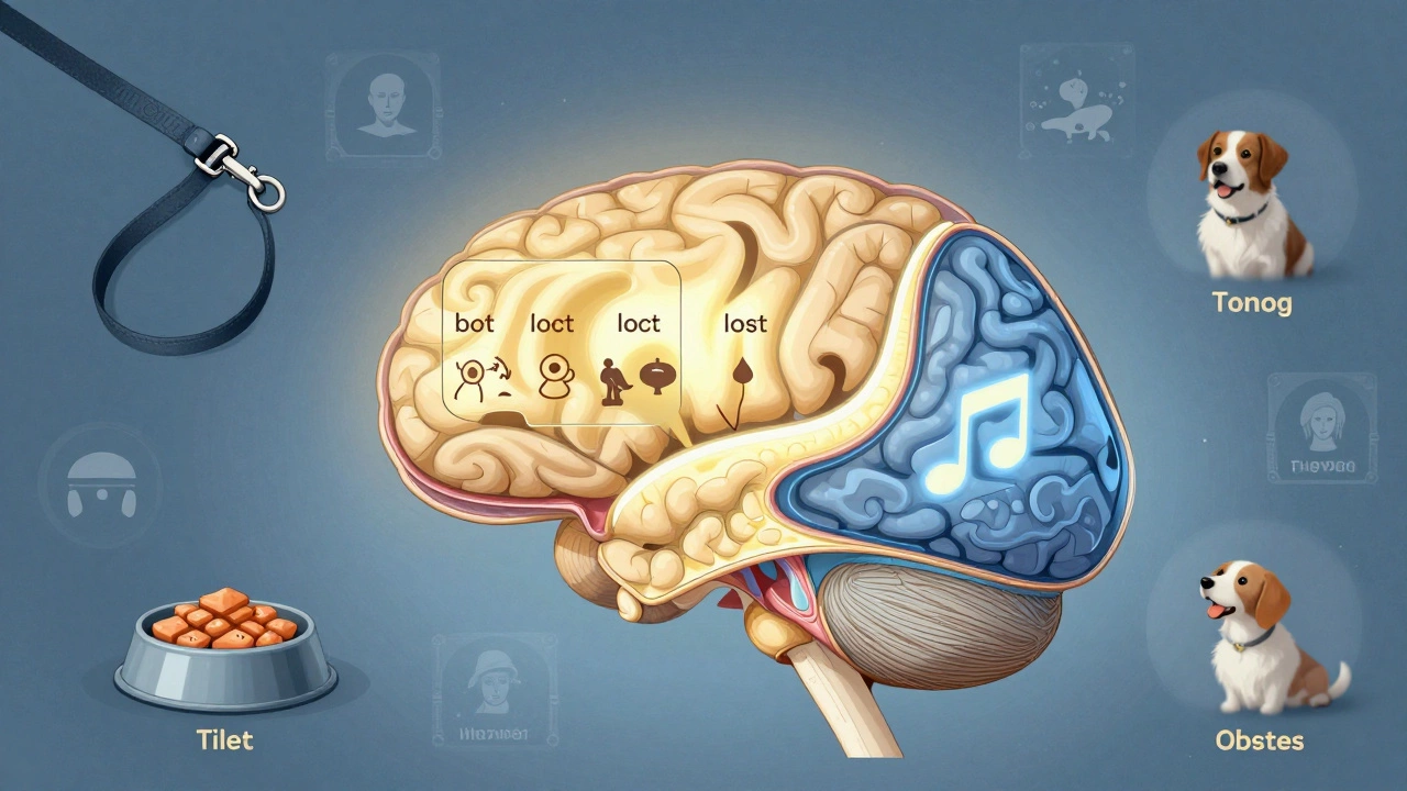 Схема мозга собаки с двумя активными областями: одна для значений слов, другая для интонации.